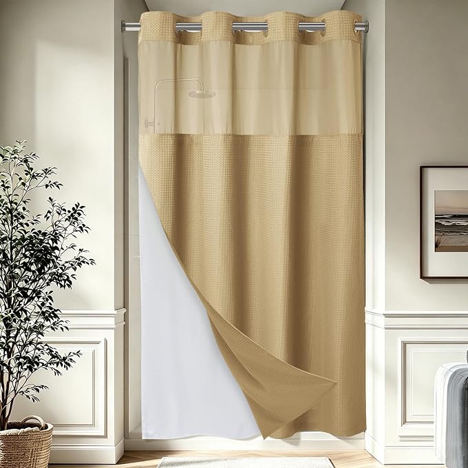 EUTXL Heavyweight Beige Stall No Hook Shower Curtain with Snap in Liner,256GSM Waffle Weave Shower Curtains for Bathroom,54W x 80H