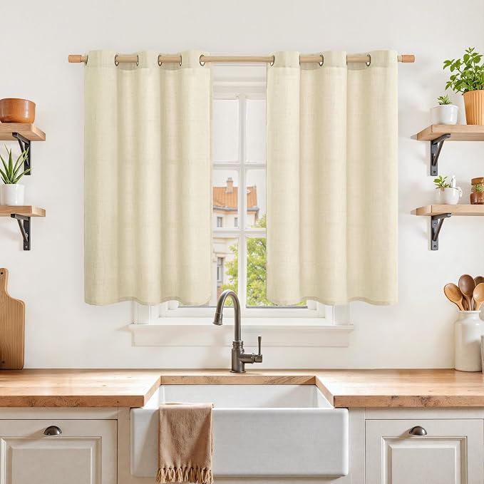 YoungsTex Warm Beige Linen Curtains 40 Inch Length, Short Light Filtering Drapes with Grommet Semi Sheer Rustic for Kitchen Bathroom Windows, 2 Panels, 42 X 40 Inch