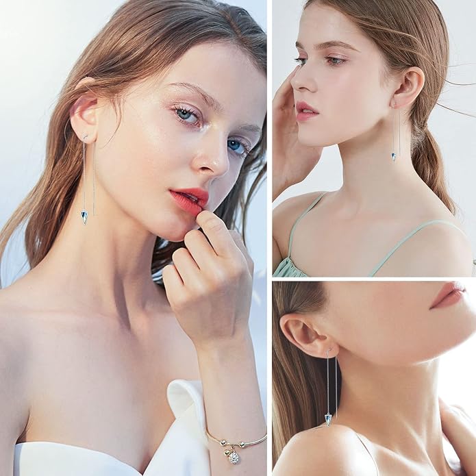 Threader Earrings Triangle Earrings Sterling Silver Created Opal Dangle Drop Long Chain Earring for Women Thread Earrings