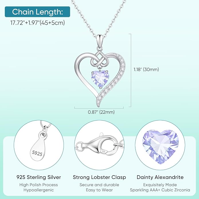 925 Sterling Silver Birthstone Heart Necklace for Women - Infinity Love Pendant with Cubic Zirconia, 12 Colors, Valentine's Day Gift for Her, 12 Months, Birthday Anniversary Christmas Jewelry Gifts