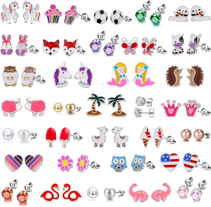 33 Pairs Stainless Steel Cartoon Earrings for Girls - Hypoallergenic Colorful Stud Earing Set, Mix & Match Cute Earring for Teens, Kids, Doll Dressup Accessories