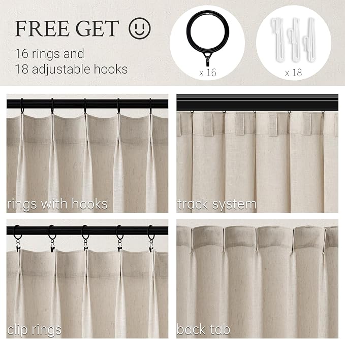 100 Inches Long Oatmeal Colored Pinch Pleat Sheer Curtains with Hooks,Back Tab Semi Transparentes Light Filtering Linen Cotton Blend Ocher Tone Rustic Cabin Style Drapes Curtains,40x100 inch Length