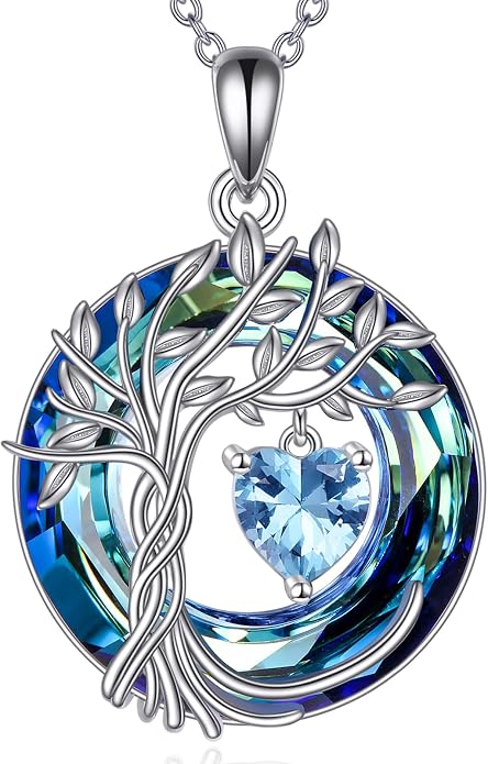 POPLYKE Mothers Day Gifts for Mom Her Wife Tree of Life Necklace 925 Sterling Silver Birthstone Pendant with Crystal Anniversary Birthday Wedding Jewelry for Women