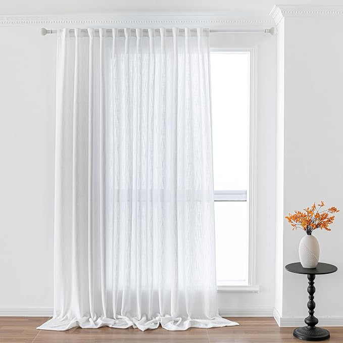 MYSKY HOME White Curtains for Living Room 1 Panel, Semi Sheer Curtains & Drapes Light Filtering Farmhouse Country Boho Style Back Tab Draperies for Sliding Glass Door (Customsize, White)