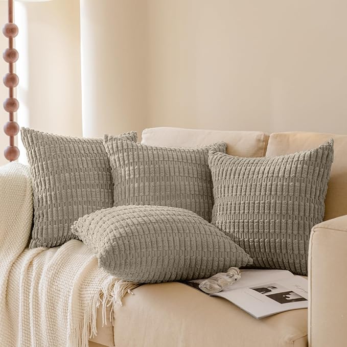 Softalker Throw Pillow Covers 20x20 Inch, Set of 4, Corduroy Soft Striped Farmhouse Boho Pillow Cover, Modern Decorative Cushion Pillow Case for Couch Sofa Bedroom Living Room, Taupe