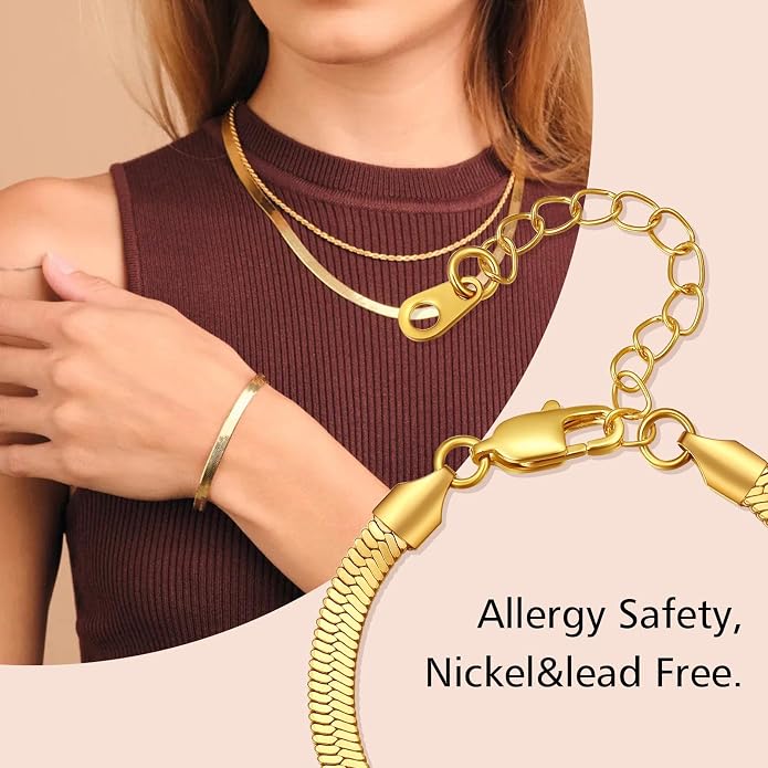 FindChic Elegant Herringbone Snake Chain Anklets/Bracelets 3MM/5MM Width Stainless Steel/18K Gold/Rose Gold Plated/Black 4 Color Options, 8.3'' 8.5'' 10.5'' Length, with Gift Box
