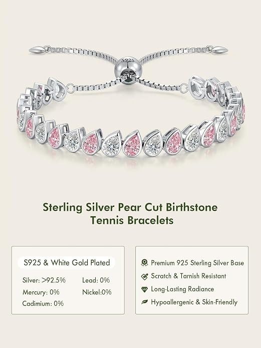 Birthstone Tennis Bracelet for Women 925 Sterling Silver Pear Shaped Gemstone Inlaid White Gold Plated Adjustable Chain Gifts for Mom Wife