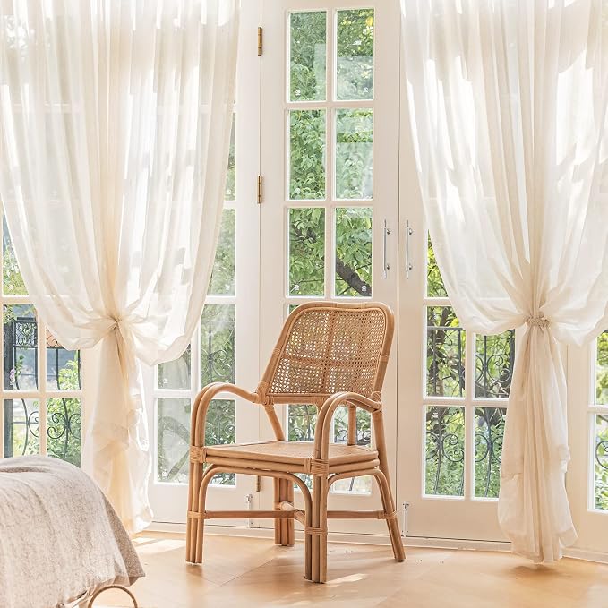 FMFUNCTEX Beige Flax Linen Sheer Curtains 108 Inch Long Rod Pocket 2 Panels | Natural Semi Sheer Window Drapes for Bedroom and Living Room, Farmhouse French Window Curtain Light Filtering Privacy