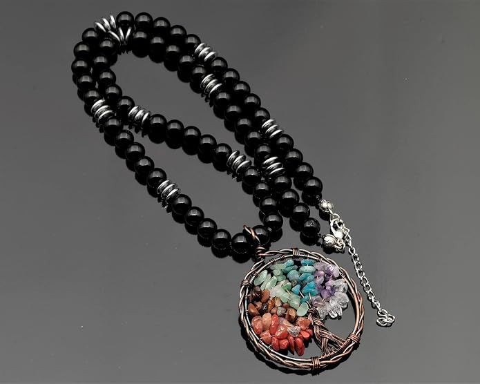 ElisaJewelryArt - Natural Amethyst Big Tree Of Life Pendant Black Onyx Stone Beaded Necklace Genuine Gemstone Feng Shui Stone Clasp Closure Necklace Unisex Necklace