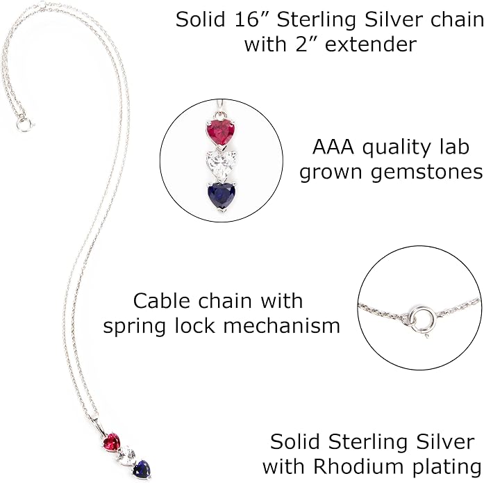 Silver Smile Sterling Silver 3 Birthstone Pendant for Women – Lab-Grown Ruby, White & Blue Gemstones – Hypoallergenic & Tarnish Resistant – 925 Rhodium-Plated Pendant – Elegant Patriotic Gift for Her