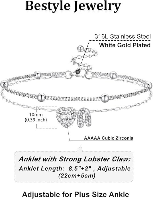 Bestyle Initial Anklet Bracelets for Women Waterproof Non Tarnish 14K Gold/White Gold Plated CZ Anklets for Women Dainty Layered Letter Heart Ankle Bracelets Adjustable Foot Chain Anklet