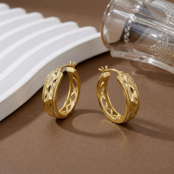 14K Gold Geometric Hoop Earrings for Women 20mm Chunky Gold Hoops Hypoallergenic Faceted Huggie Earrings Jewelry Gift