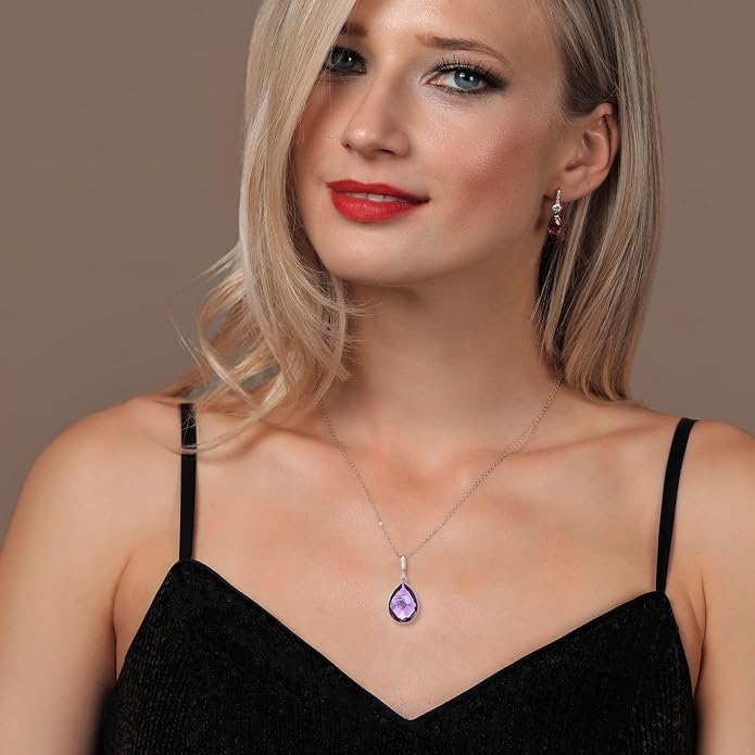 Gem Stone King 6.50 Cttw Amethyst Teardrop Pendant Necklace For Women | 925 Sterling Silver | Pear Shape 16X12MM | Gemstone Birthstone | With 18 Inch Silver Chain
