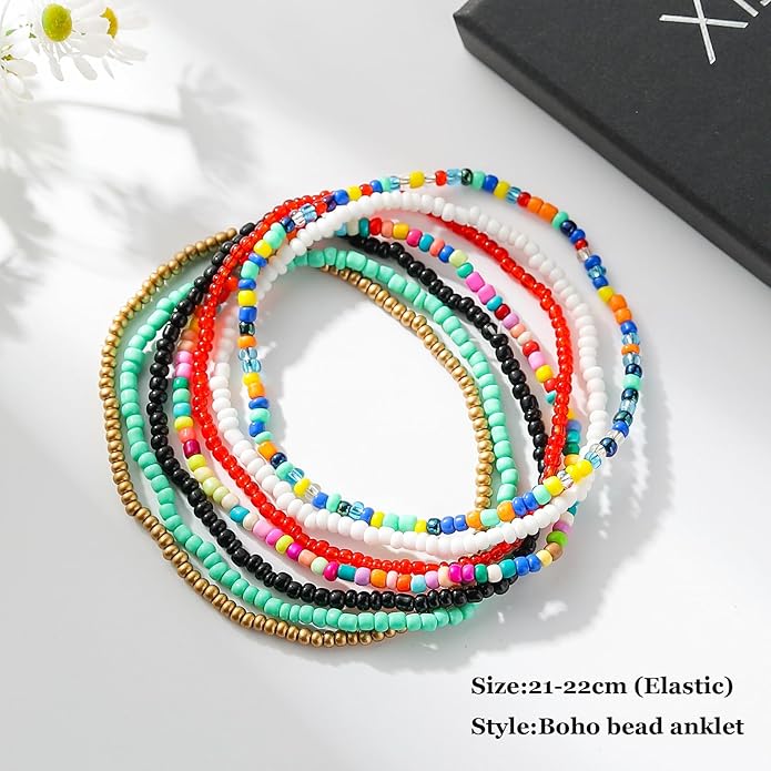 XIJIN 18 Pieces Elastic Beaded Anklets for Women Handmade Beach Boho Colorful Beads Ankle Bracelets Set