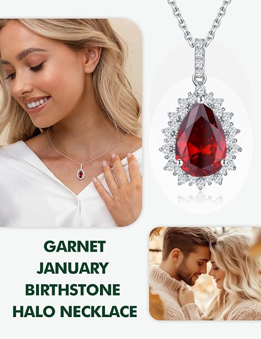 925 Sterling Silver Teardrop Necklace for Women Huge Created Gemstone Solitaire Halo Pendant Pear Cut Birthstone Necklace