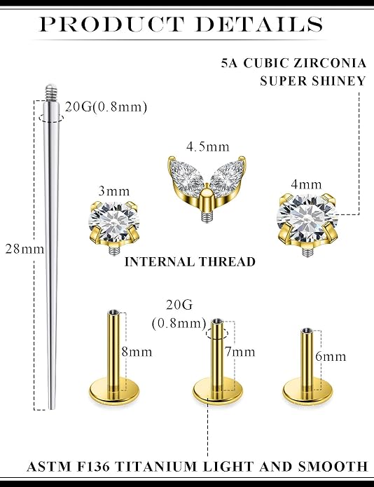20G 18G 16G Astm F136 Titanium Internal Thread Flat Back Earrings Nose Studs Tragus Forward Helix Conch Cartilage Lobe Earring Stud Medusa Labret Monroe Lip Ring Piercing Jewelry For Women Men