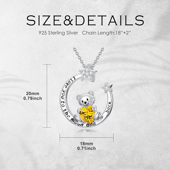 PELOVNY Teddy Bear Necklace for Women 925 Sterling Silver Bear/Highland Cow/Fox/Cat/Axolotl Birthstone Necklace Christmas Birthday Jewelry Gifts for Mom Daughter Wife Sister
