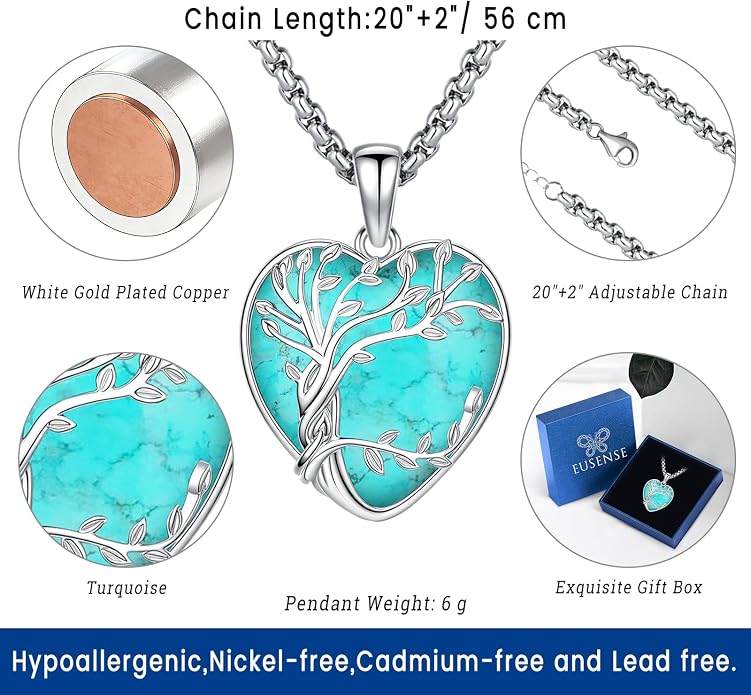 Eusense Tree of Life Necklace for Women White Gold Plated Copper Moonstone/Turquoise/Black Onyx/Crystal Birthstone Pendant Jewelry Gifts for Women Men