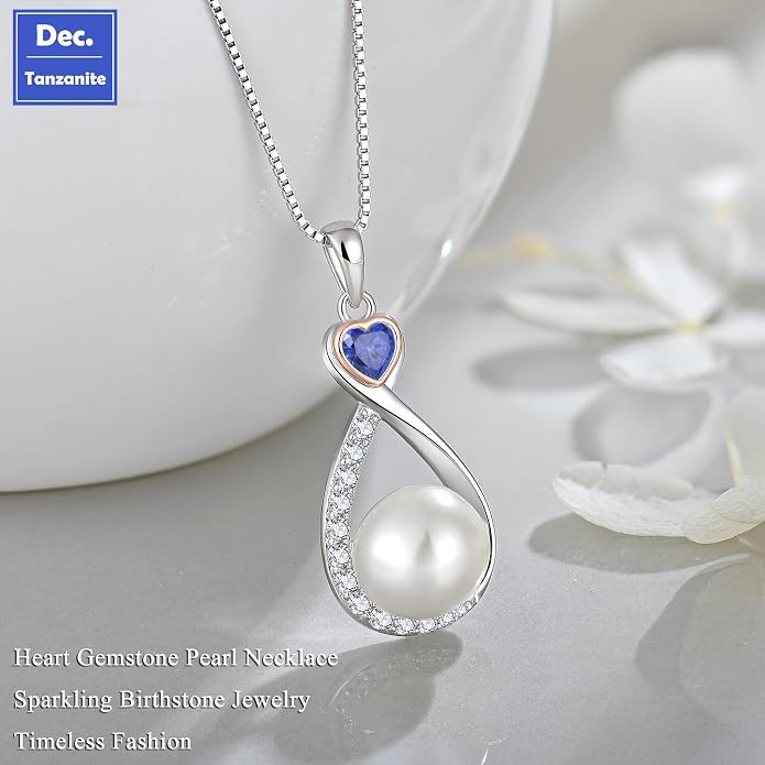 Heart Birthstone Pearl Pendant Necklace, 925 Sterling Silver Infinity Necklace with 10mm Freshwater Cultured Pearl & 4mm Gemstone Jewelry for Women