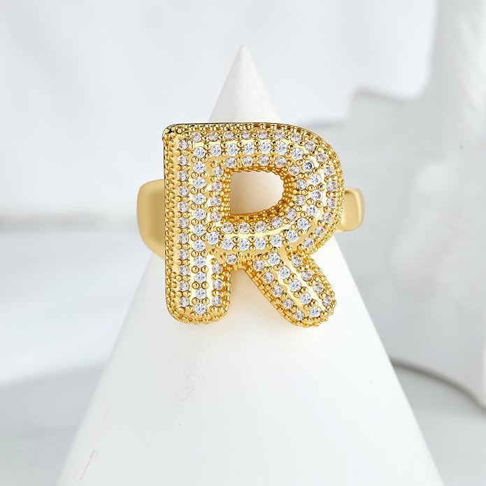 Cicy Bell Initial Rings for Women 14k Gold Plated Cubic Zirconia Delicate Letter Chunky Statement Open Rings Gifts for Her