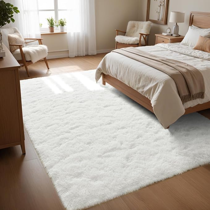 Macgace Fluffy Area Rugs for Bedroom Decor Aesthetic, 3x5 Cream White Shag Rug with Non-Slip Backing for Living Room, Soft Washable Fuzzy Carpet Modern Home Decor for Kids Nursery Girls Room