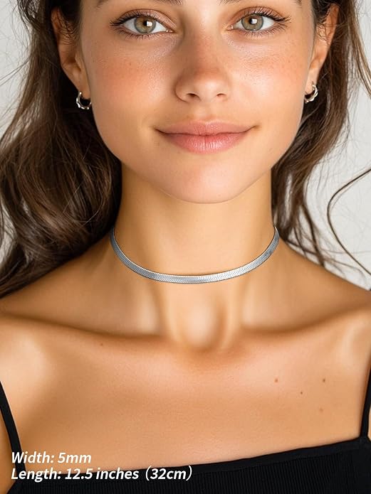 FindChic Black/14K Gold Plated Herringbone Choker Chain Necklace for Women | Waterproof Stainless Steel, Dainty Layering, Flat Snake Chain, Non-Tarnish, Hypoallergenic, Adjustable Extender, Gift Box