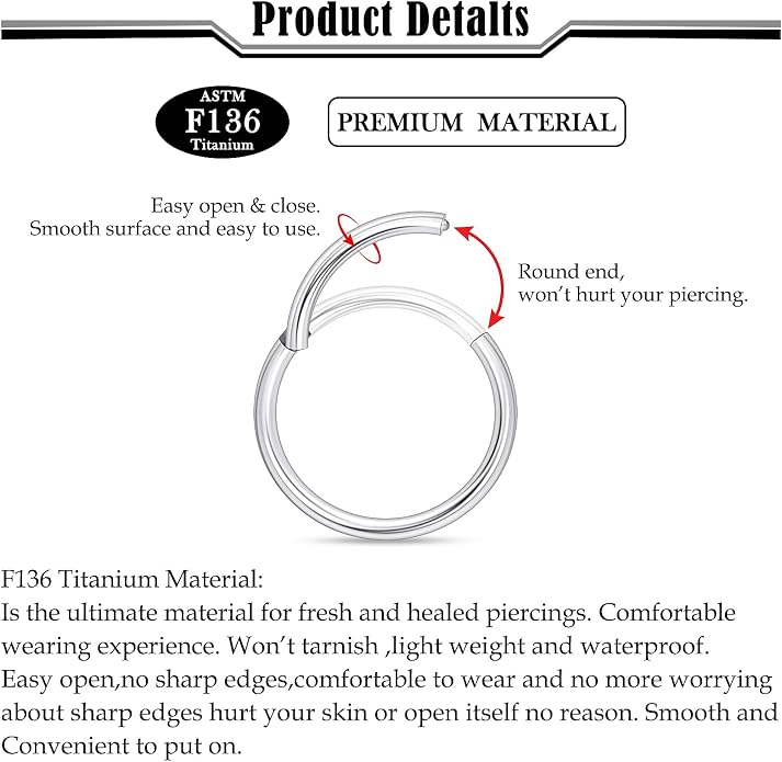 20G-2G ASTM F136 Titanium Septum Nose Rings Hoops Hinged Clicker Segment Septum Lip Nipple Ring Cartilage Tragus Helix Sleeper Earrings Piercing Jewelry for Women Men 6mm-19mm