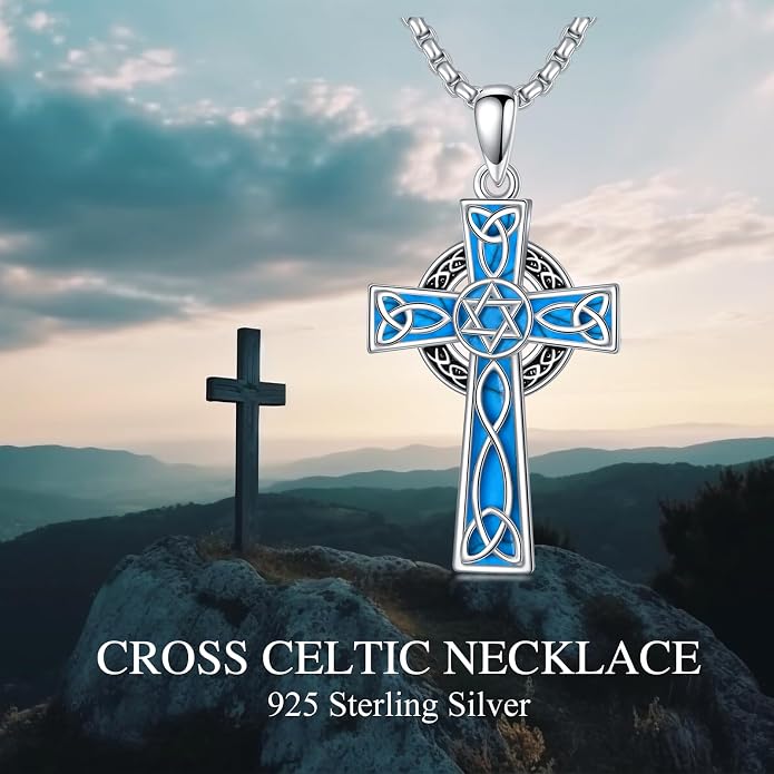 HPQQ Cross Necklace 925 Sterling Silver Turquoise Tree of Life Celtic Knot Cross Pendant Jewelry Mother's Day Gifts for Women