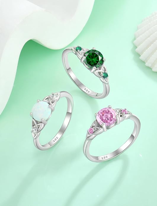 Celtic Knot Rings for Women 925 Sterling Silver Solitaire Ring Wedding Engagement Band Round Birthstone Jewelry Size 5-10