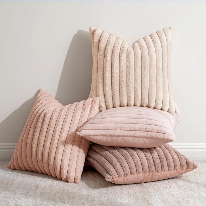 MIULEE Faux Fur Plush Decorative Throw Pillow Covers 24x24 Set of 4, Valentine's Day Cute Modern Soft Romantic Fuzzy Striped Cushion Covers Girl for Sofa Couch Bed Living Room Cozy Home Decor,Pink