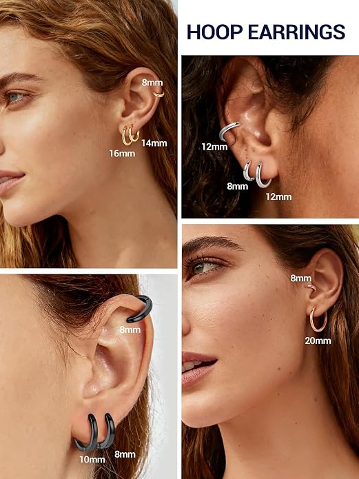 PROSTEEL Hoop Earrings for Women, Huggie Hoop with 925 Sterling Silver Post, 8/10/12/14/16/18/20mm Small Huggie Hoops, 14K Gold Plated/Silver/Black/Rose Gold Hypoallergenic Earrings Jewelry