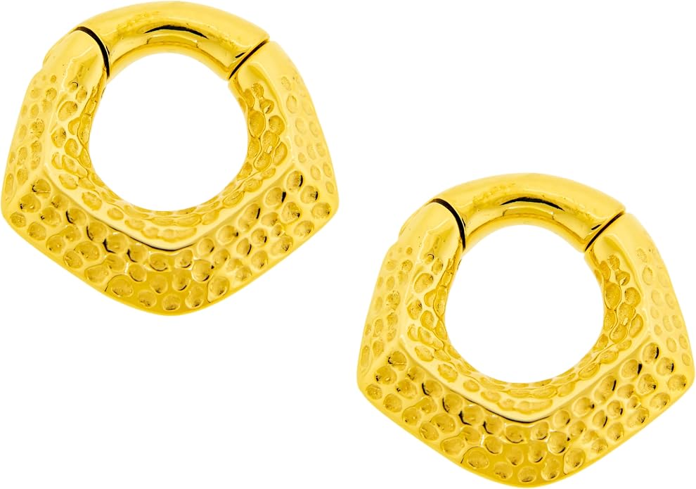 6GA 316L Stainless Steel Hammered V-Shaped Hinged Clicker Rings for Stretched Piercings, Sold as a Pair