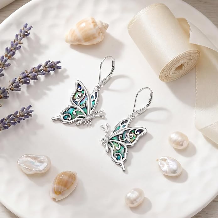 925 Sterling Silver Butterfly Abalone Shell Dangle Earrings for Women Animal Butterfly Drop Earring Jewelry Gifts for Anniversary Birthday Christmas Thanksgiving Mother‘s Day
