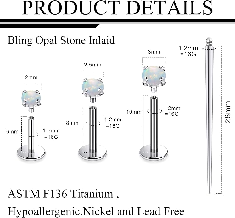 Ruifan Titanium Flat Back Lip Rings Externally Threaded Earrings Studs Nose Rings 20G 18G 16G Round Opal Tragus Cartilage Lobe Rook Helix Conch Labret Medusa Piercing Jewelry for Women Men