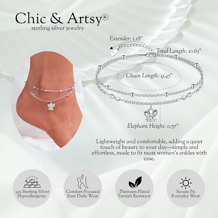 CHIC & ARTSY 925 Sterling Silver Ankle Bracelets for Women, Adjustable Layered Foot Chains with Nature & Symbol Charms, Lightweight Comfort Fit Boho Beach Everyday Jewelry