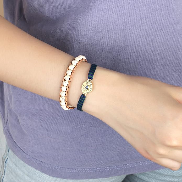 KELITCH Turquoise Mix Beaded Bracelets Single Wrap Bracelet on Brown Leather Handwoven New Jewelry