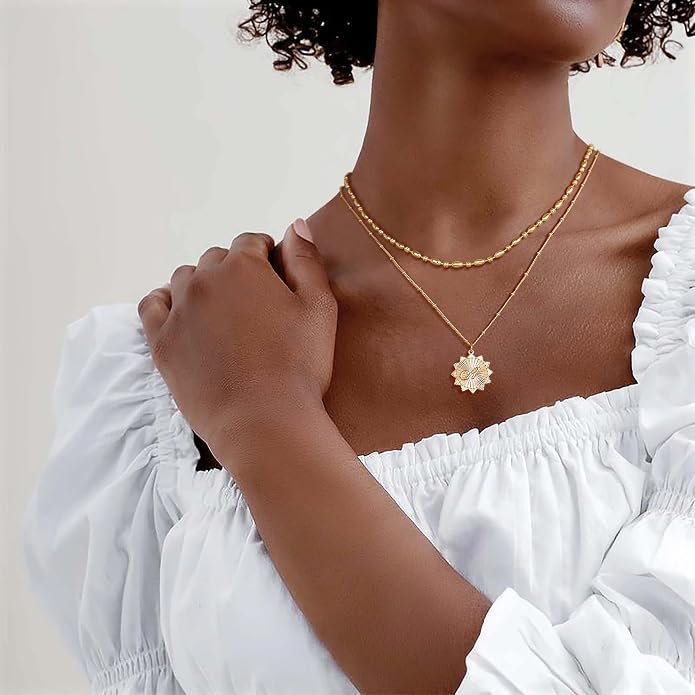 Dremmy Studios Dainty Gold Choker Necklace for Women 14K Gold Plated Coin Disc Figaro Layered Beaded Flat Mariner Sideways Cross Wishbone Link Clavicle Necklaces