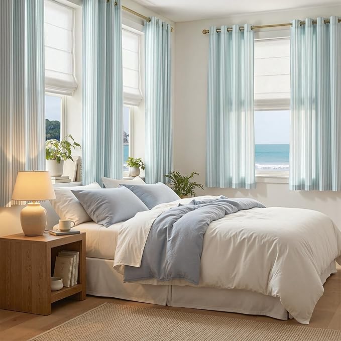 Vangao Linen Striped Curtains for Living Room Bedroom Farmhouse Tickingstripe Light Filtering Window Curtains Printed Drapes Grommet Top 2 Panels Aqua Blue on Off White W50 x L63 Inch