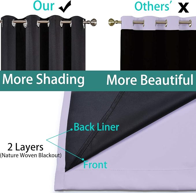 Yakamok Lilac 100% Blackout Curtains 72 Inches Long for Bedroom 52" Wide | Blackout Curtain Panels for Bedroom, 2 Thick Layers Grommet Top Thermal Insulated Drapes with Black Liner for Living Room