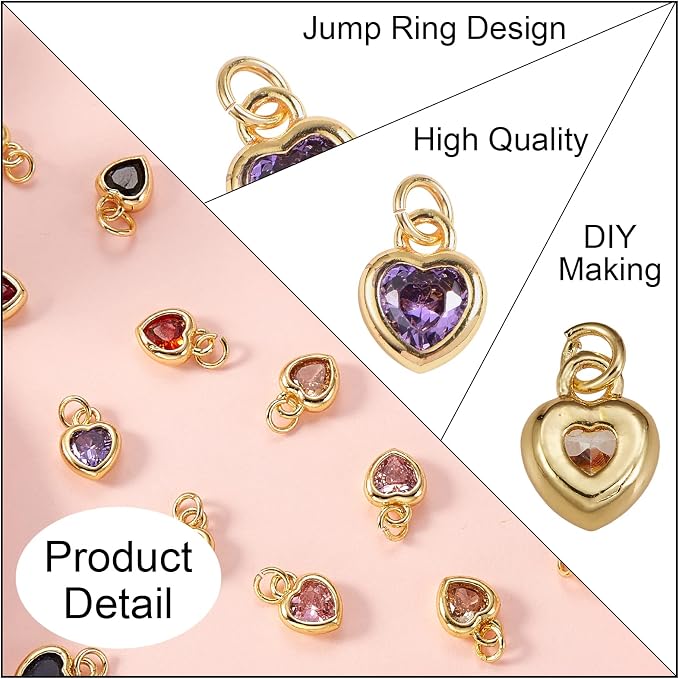 DanLingJewelry 20pcs Random Color Brass Cubic Zirconia Heart Charms Mini CZ Stone Heart Charms with Jump Ring for Jewelry Making