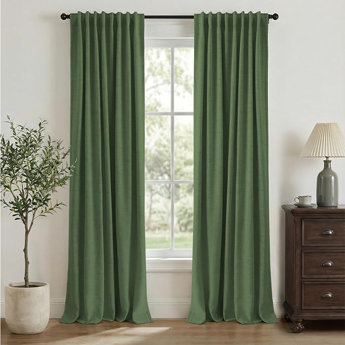 INOVADAY 100% Blackout Curtains 90 Inches Length 2 Panels Set, Back Tab/Rod Pocket Linen Black Out Curtains for Bedroom, Thermal Insulated Window Drapes - Moss Green, W50 X L90