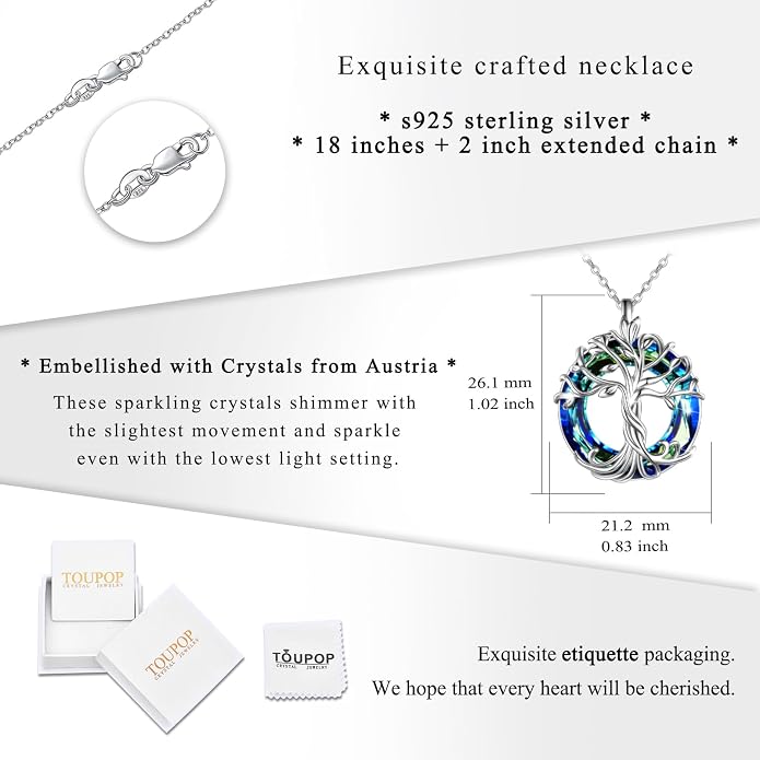 TOUPOP Tree of Life Necklace Gifts for Women 925 Sterling Silver Family Tree Pendant with Crystal Birthday Irish Jewelry Gifts for Women Her Wife Mom