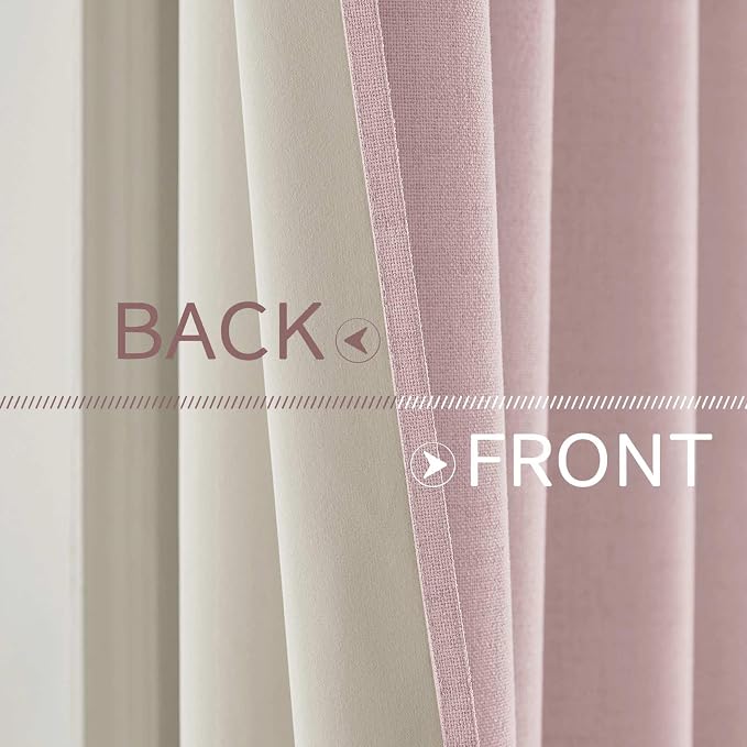 MIULEE Linen Texture Curtains for Bedroom Solid 100% Blackout Thermal Insulated Pink Curtains Grommet Room Darkening Drapes for Living Room 52x63 Inch (2 Panels)