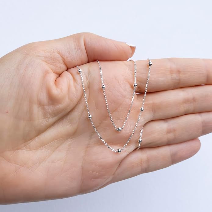 Dainty 925 Sterling Silver Satellite Bead Chain Necklace for Women – Thin Italian Beaded Cable Chain – Non-Tarnish, Waterproof, Hypoallergenic, Nickel-Free – 18, 20, 22 Inch