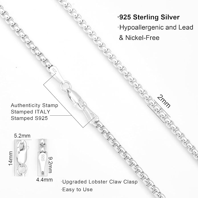 nometo Solid 925 Sterling Silver Box Chain Rope Chain Lobster Clasp Silver Chain for Men Silver Necklace Chain for Women 16/14/20/22/24/26/30 Inches
