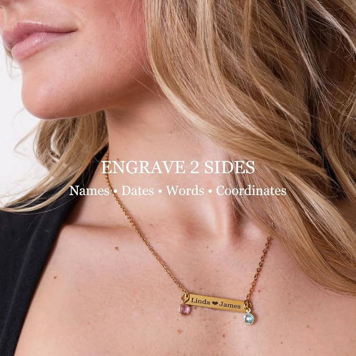 Custom Engraved 3D Vertical Pillar Bar Necklace – Personalized Name Pendant – 1 to 4 Sides – Non-Tarnish Stainless Steel – Gold/Silver – Adjustable Chain – Gift for Her, Mom/Dad With Kids Names