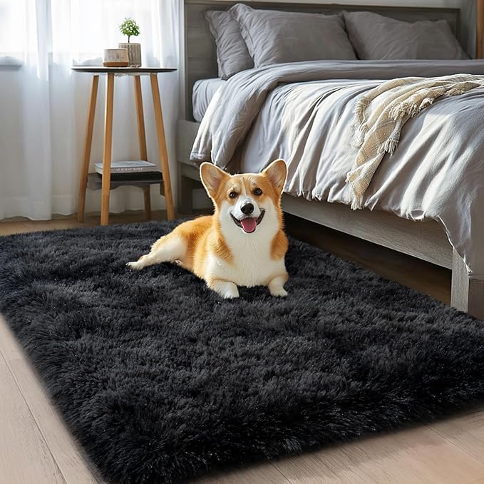qulint 2x3 Rug for Bedroom, Fluffy Small Rug for Living Room, Black/Grey | Soft Shag Fuzzy Tie-dyed Black Gray Carpet, Shaggy Modern Alfombras for Kids Boys and Girls Dorm Classroom Decor