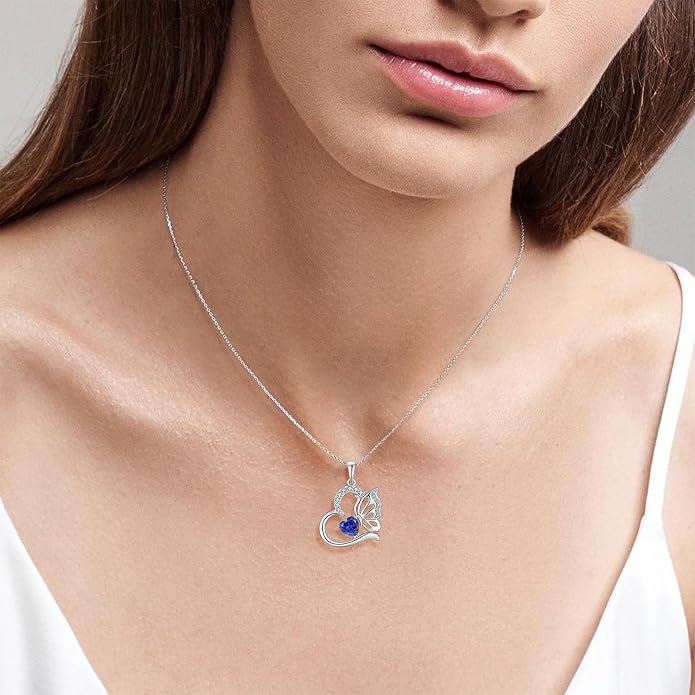 Butterfly Necklace for Women 925 Sterling Silver Heart Pendant Birthstones Jewelry Gift