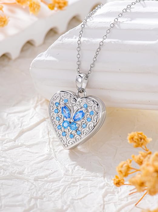 Dorunmo Personalized Locket Necklace 925 Sterling Silver that Holds Pictures Butterfly Birthstone Photo Heart Locket Custom Jewelry Congratulations New Beginnings New Job Gifts for Women