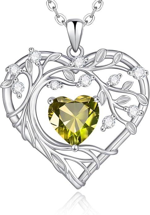 Tree of Life Birthstone Pendant Necklace - 925 Sterling Silver Heart Cubic Zirconia Diamond Women Pendant Necklaces for Her Daughter Girlfriend Birthday Gift Ideas for Wife Mom for Valentines Day
